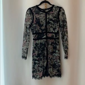 Sheer-sleeve Cocktail Dress with Black Lace Detail